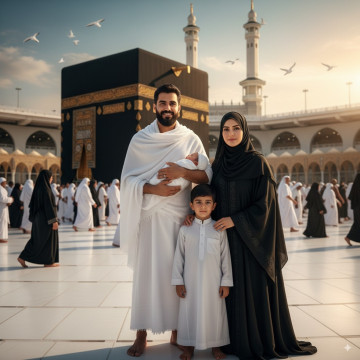 Foto keluarga di depan Ka'bah dengan Gemini AI.